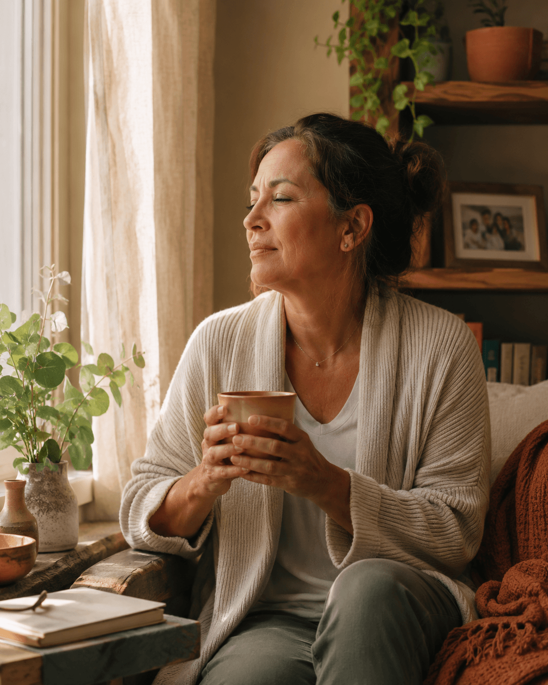 Mujer cuidadora tomando un momento de calma en casa